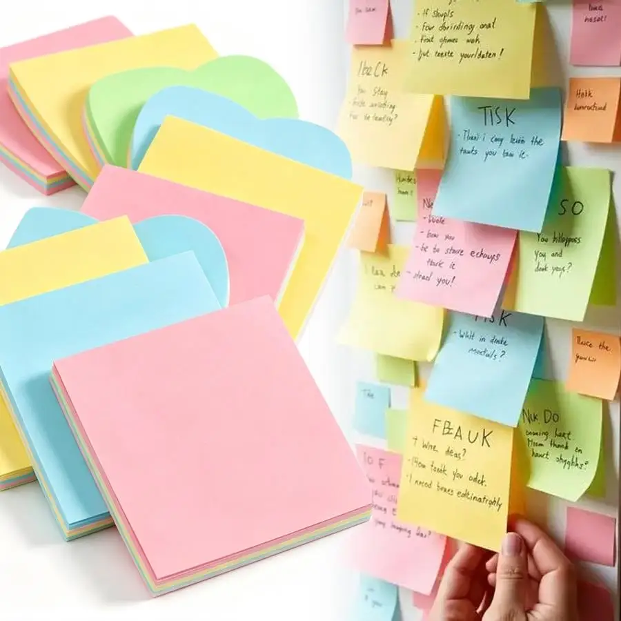 100/200/1000pcs Multi‑Colored Square Sticky Notes Pads, Self‑Adhesive Memo Note Sheets for Office Desk, School Study, XJM