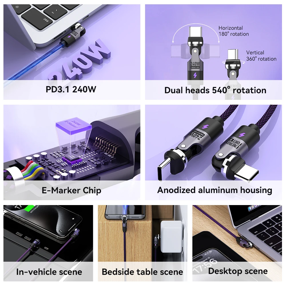 240W PD3.1 Fast Charging Cable 540° Rotation Type C to C 5A Cable for iPhone MacBook Samsung UGREEN/Anker powerbank - Detail 1