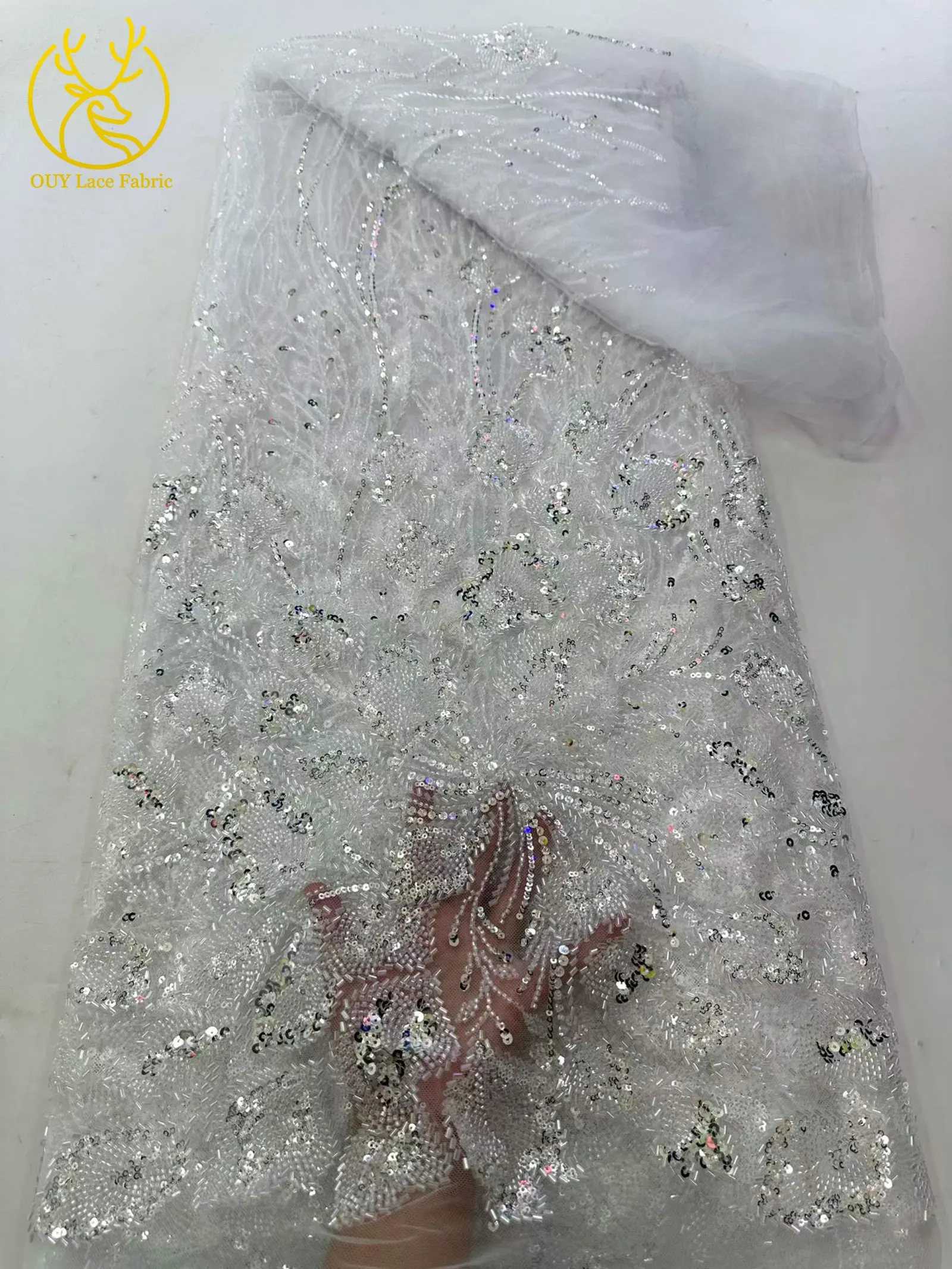 Großhandel Nigerianischer Brautkleid-Spitzenstoff 2026 Luxuriöse Französische Afrikanische Pailletten-Tüllspitze für Hochzeitskleider und Partykleider zum Nähen – Detail 8
