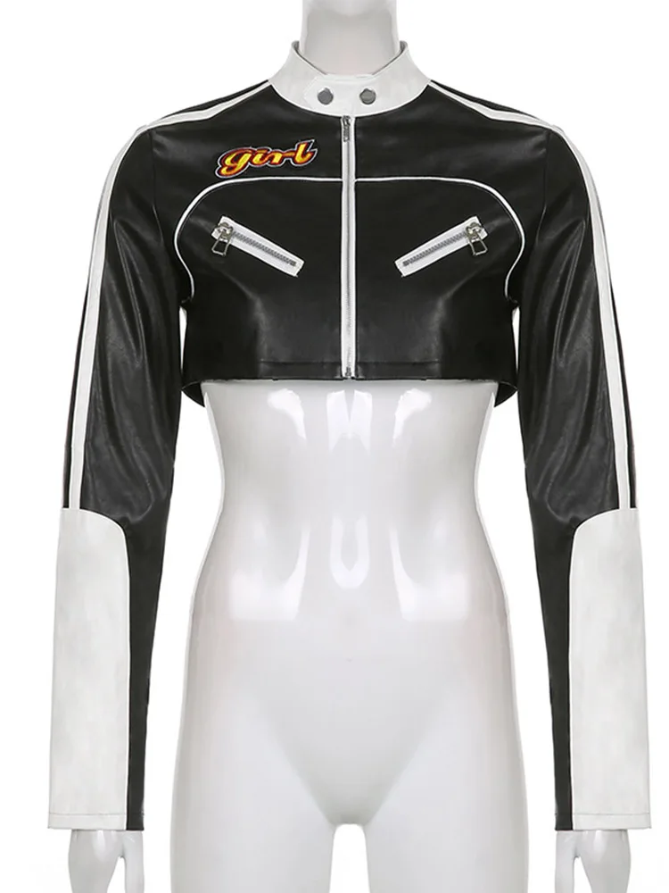 Autumn/Winter Punk Style Splicing Cut PU Leather Jacket Women's Zipper Jacket Contrast Color Basic Coat