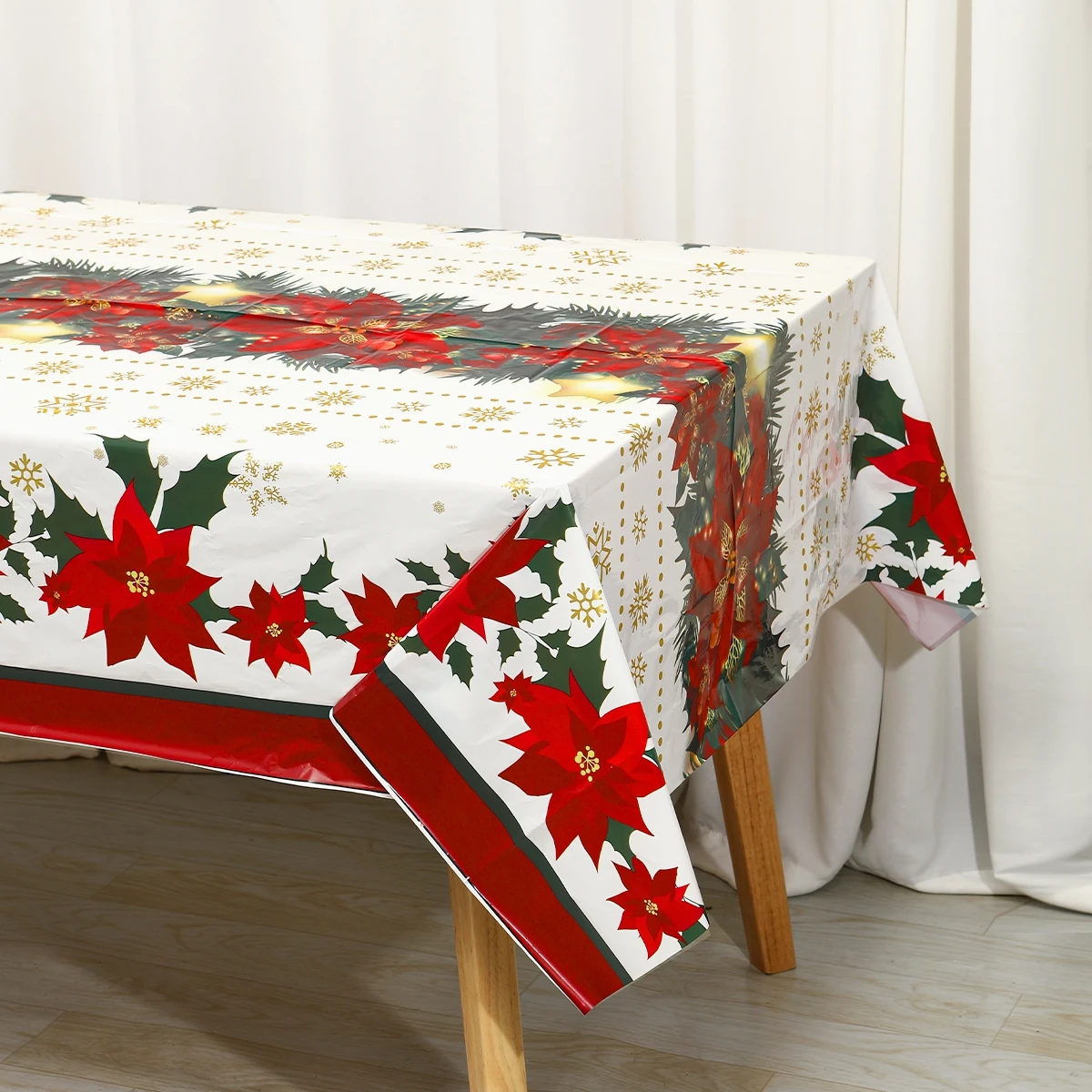Disposable Christmas Tablecloth Holly Xmas Flower Table Cover Christmas Decorations for Home 2024 Navidad Noel Gift Table Decor