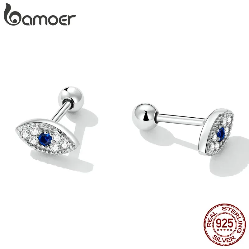 Bamoer Authentic 925 Sterling Silver Devil Eye Stud Earrings for Women Shiny Blue Gem Ear Studs Fine Jewelry Wedding Gift VSE165