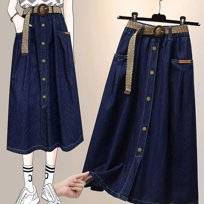 

Модная летняя джинсовая юбка больших размеров для женщин, на одной пуговице, с эффектом похудения, длинная, с высокой талией, из полиэстера, для повседневной носки