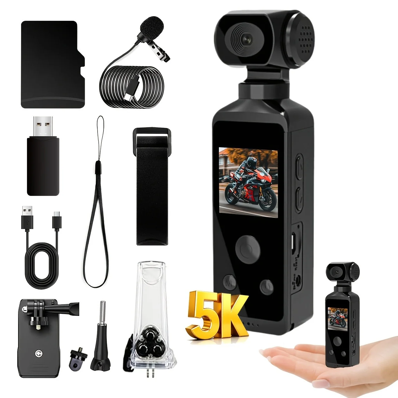 5K HD Pocket Action Camera, 270° Manual Rotatable Lens, 110° Wide‑Angle, WiFi Direct‑Connection, With Full Accessories, Outdoor Vlog & Cycling Portable Video Cam