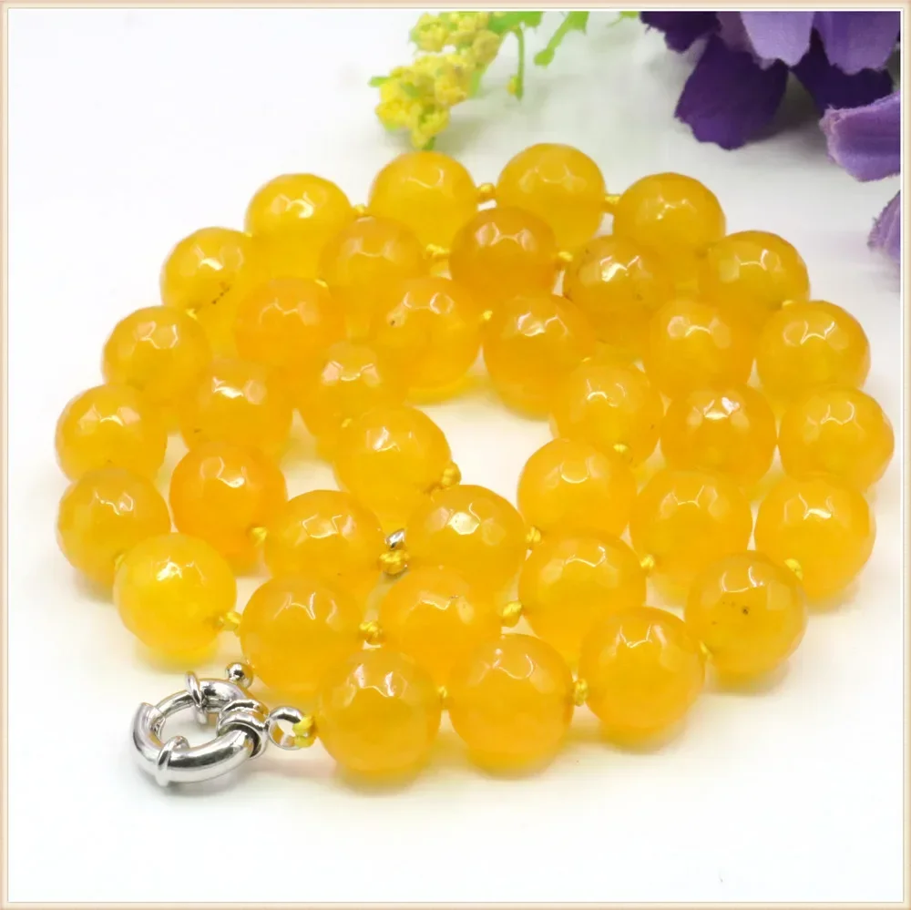 10mm Round Faceted Yellow Jades Chalcedony Necklace Natural Stone Steering Wheel Clasp Accessory Neckwear Jewelry Making Design