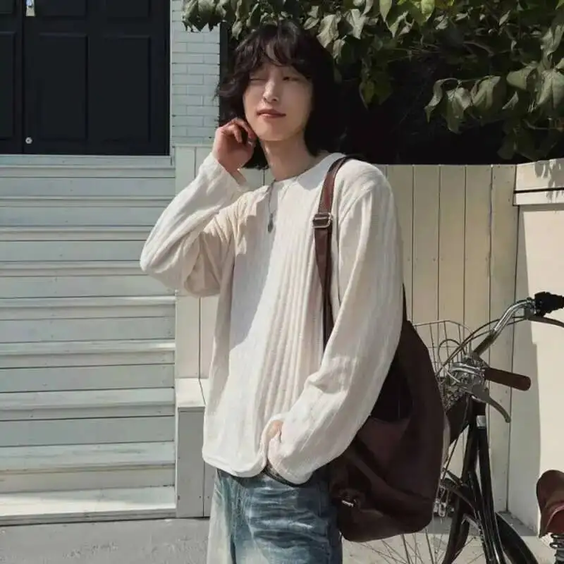 Versatile Pit Stripe T-shirt Long Sleeve Men's Spring Solid Color Round Neck Korean Edition Loose Male Pullover Tees 9WZMKB