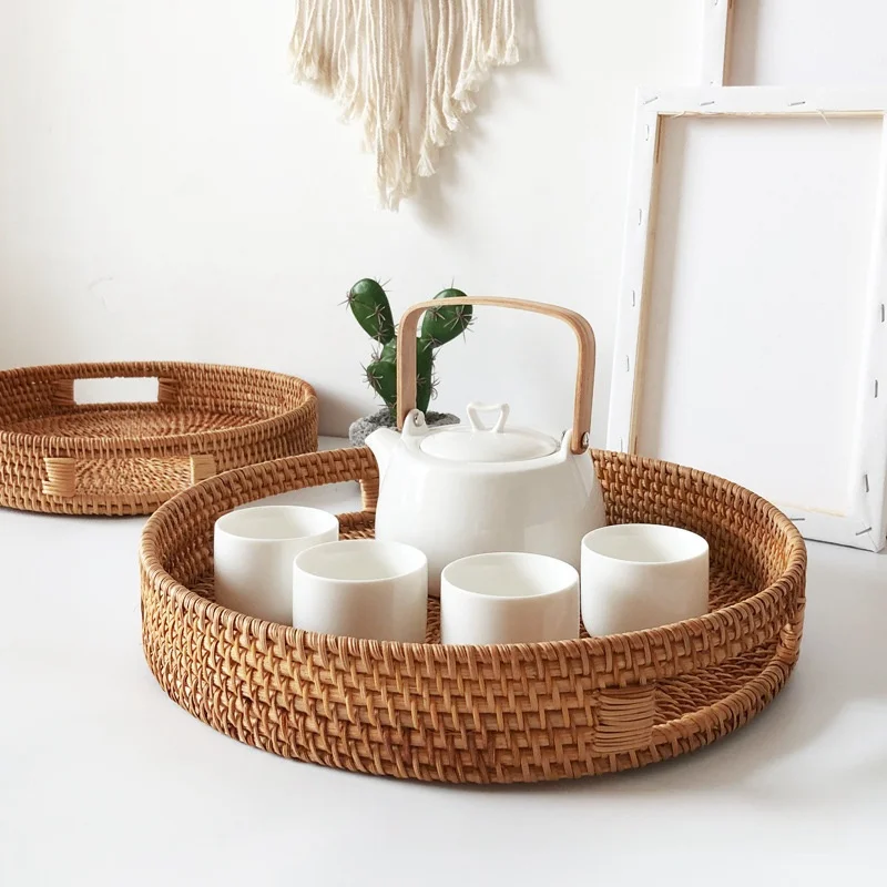 Eco Firendly Rattan Storage Tray Handwoven Wicker Basket Bread Snack Food Plate Fruit Cake Platter Dinner Serving Tray Tea Tray