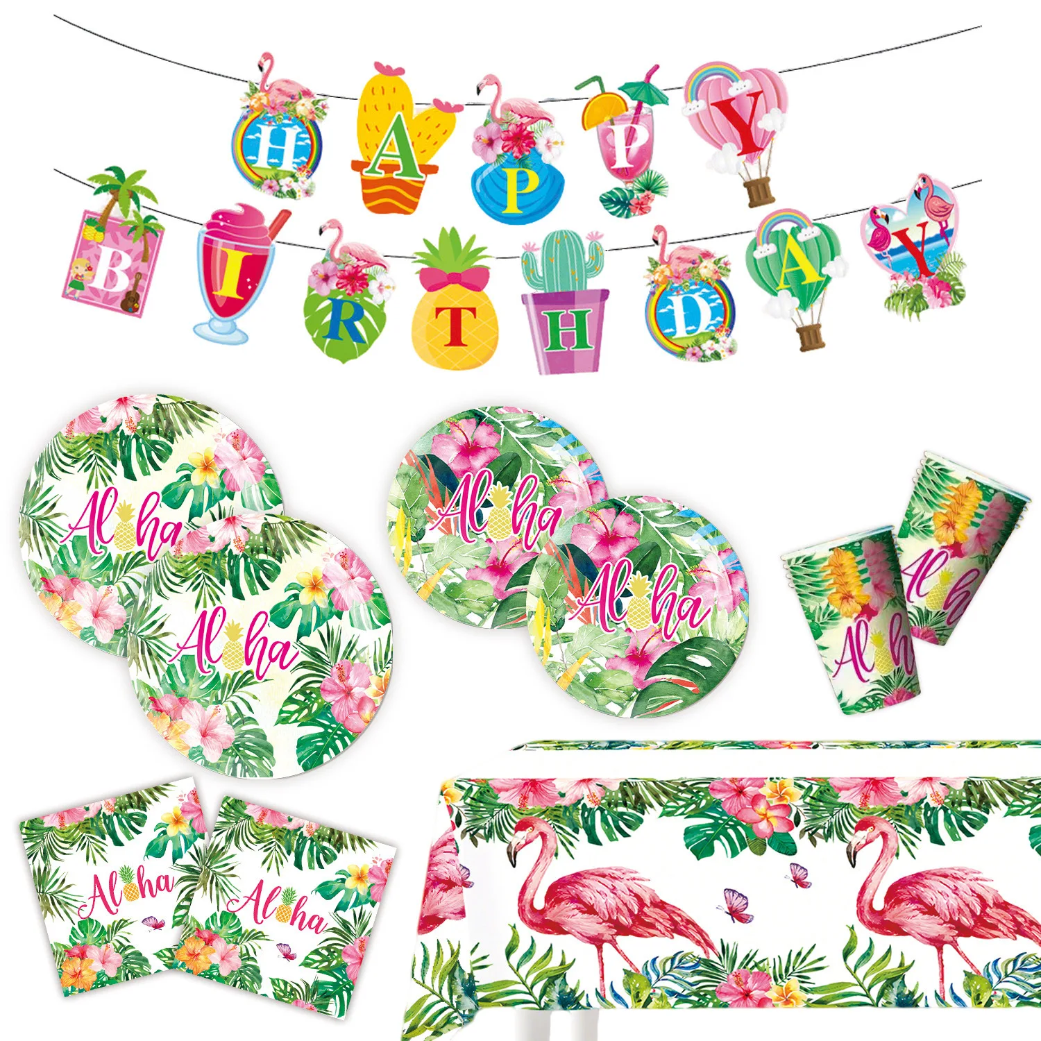 Nuevos Artículos de Fiesta de Cumpleaños de Flamencos Hawaianos para Niños: Platos de Papel, Vasos, Servilletas, Pancarta y Globos para Decoración de Fiestas