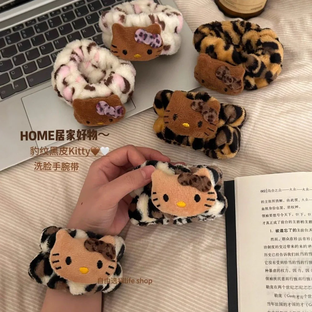 Retro Leopard Hello Kitty Wash Face Non-Slip Moisture Proof Wrist Strap Cartoon Cute Multi Functional Hair Tie Practical Gift