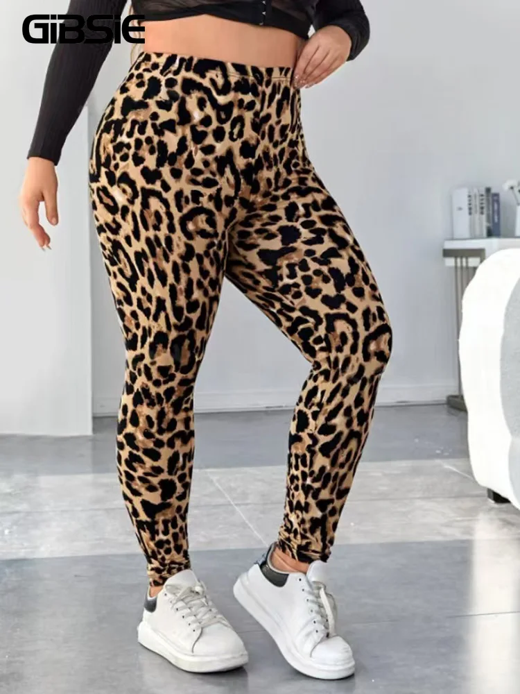 GIBSIE Plus Size Leopard Print Sexy Skinny Leggings Women's Fashion Spring Fall High Waist Female Casual Elastic Leggings