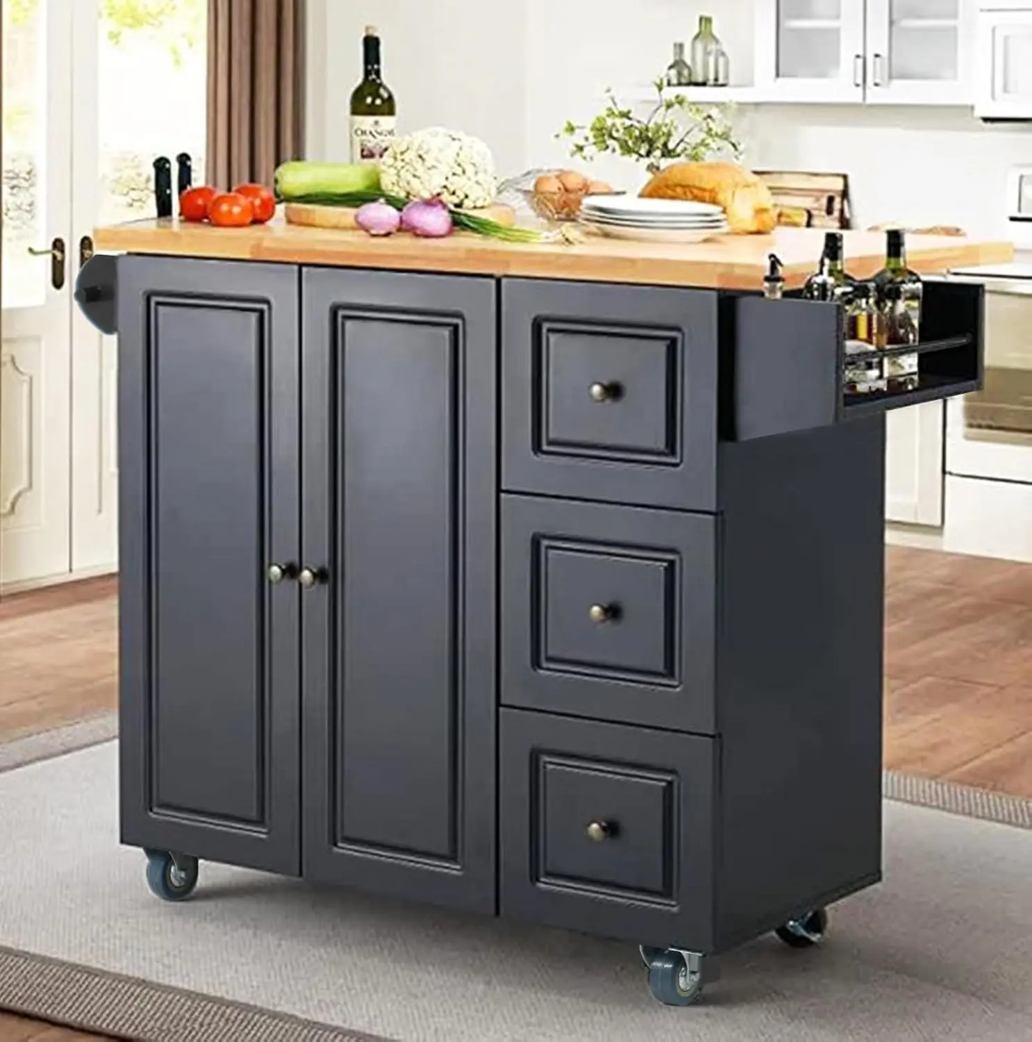 ling Kitchen Island With Storage - Portable Kitchen Island With Drop Leaf, Black Kitchen Carts On Wheels