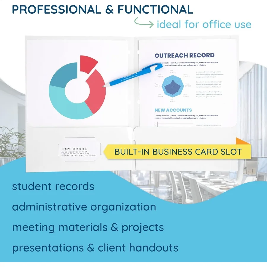 مجلدات بيضاء من بلو سميت مع جيوب، مجلدات مغلفة باللون الأبيض اللامع مع جيوب وفتحة لبطاقة الأعمال، 25 عبوة