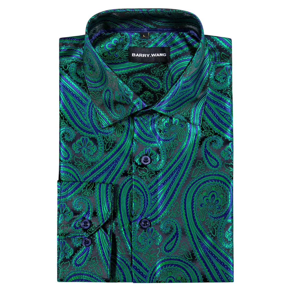 Designer Emerald Green Paisley Long Sleeve Polyester Mens Shirt Autumn Fashion Casual Jacquard Lapel Pattern Business Barry.Wang