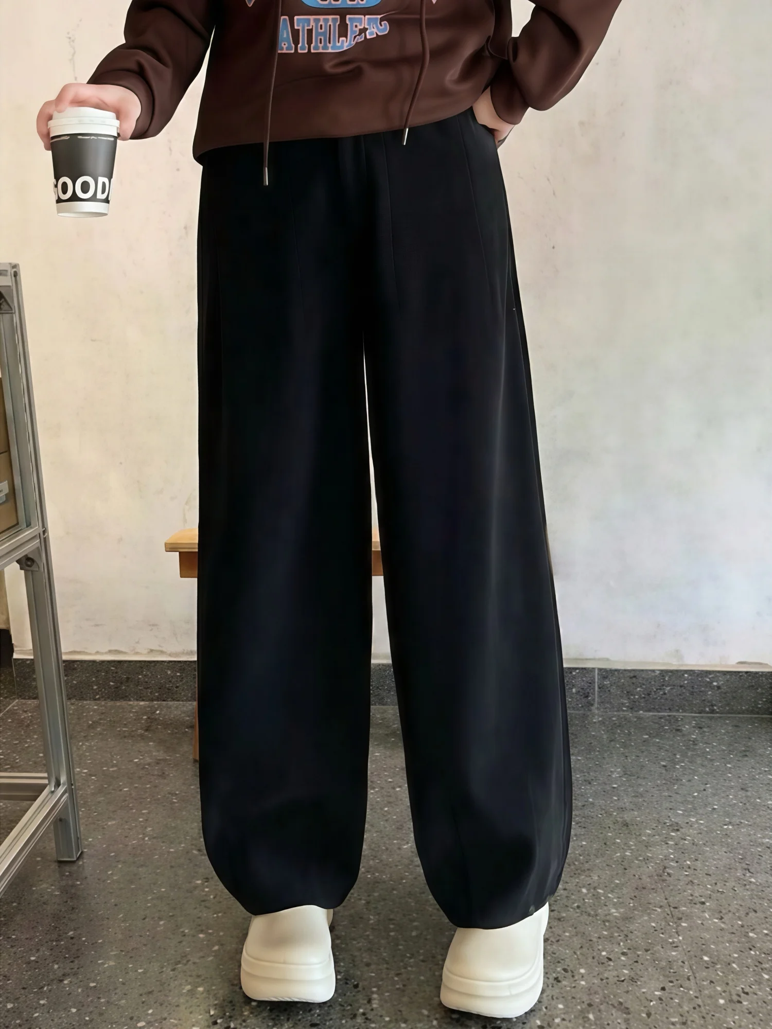 

plus Size Women's Winter High Waist Fleece Lined Elastic Design Wide Leg Pants Hip Concealing Casual Trousers