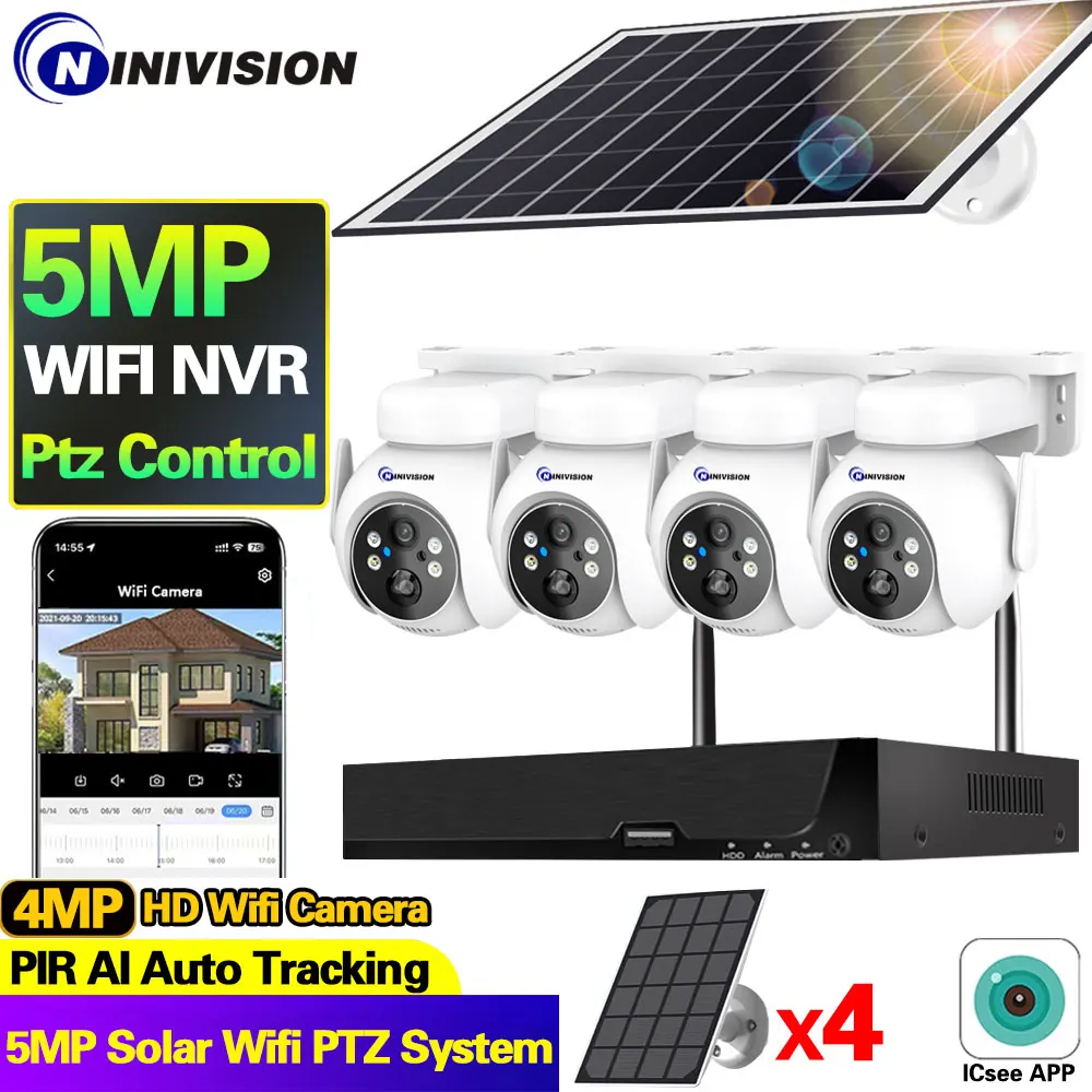 

5MP Lower Consumption Solar Wifi KIT 2K Two way Audio PIR Detection Outdoor Security PTZ CCTV Camera System 8CH Wireless NVR Set