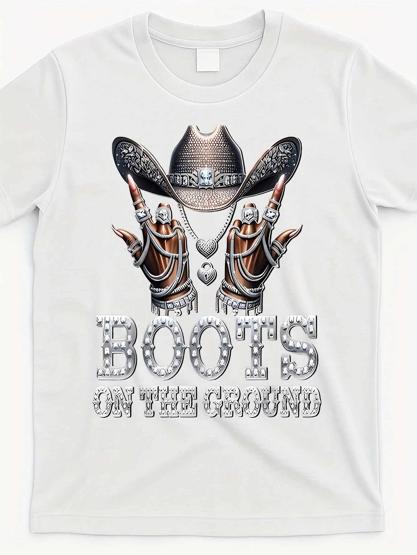 

Western Cowgirl Line Dance Graphic T-Shirt - Rhinestone "Boots on the Ground" Design, Cowboy Boots & Hat Art