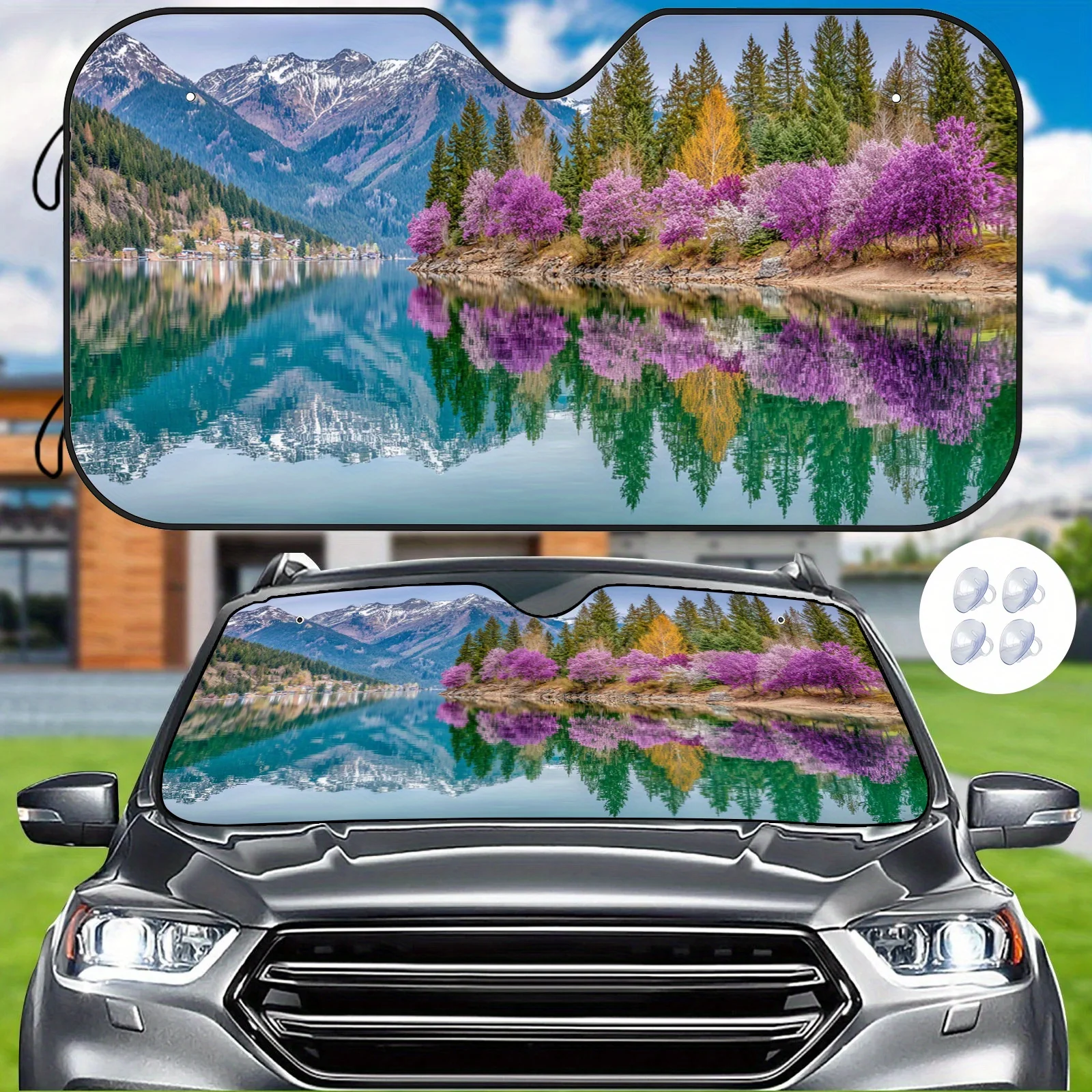 Car Sunshade Featuring Scenic Lake And Mountain Views, Reflecting Natural Landscapes, Blocking Heat To Maintain Interior Tempera