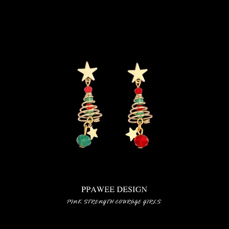 Original Star Rotating Earrings Christmas Tree Asymmetric Stud Long Mosquito Coil Clip No Piercing Women Jewelry Gift Box Set