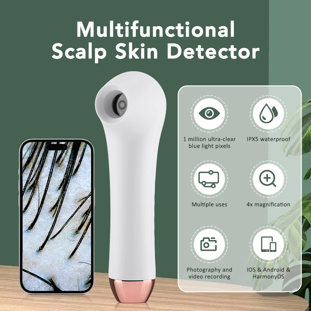 HD Visual Multifunctional Scalp Skin Hair Follicle Detector Magnifier Dermatoscope - Analyzes Skin & Connects to Phone/Tablet