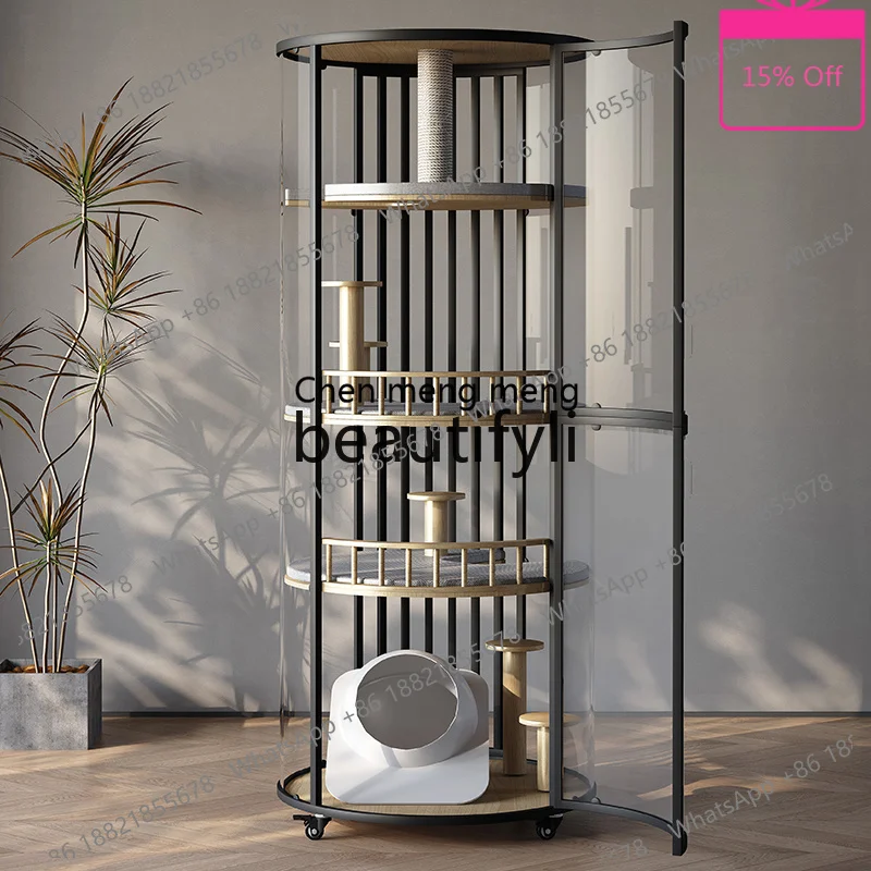 Large cylindrical cat villa 360 panoramic view four floors can move the house solid wood cat cage