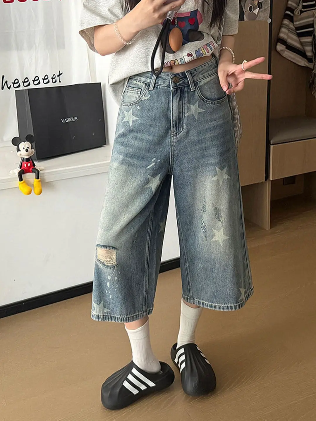 Calças Jeans Americanas Retrô Lavadas com Estrelas e Rasgos, Modelo Seven-Five, Soltas, Casuais, Finas de Verão, Perna Larga ...