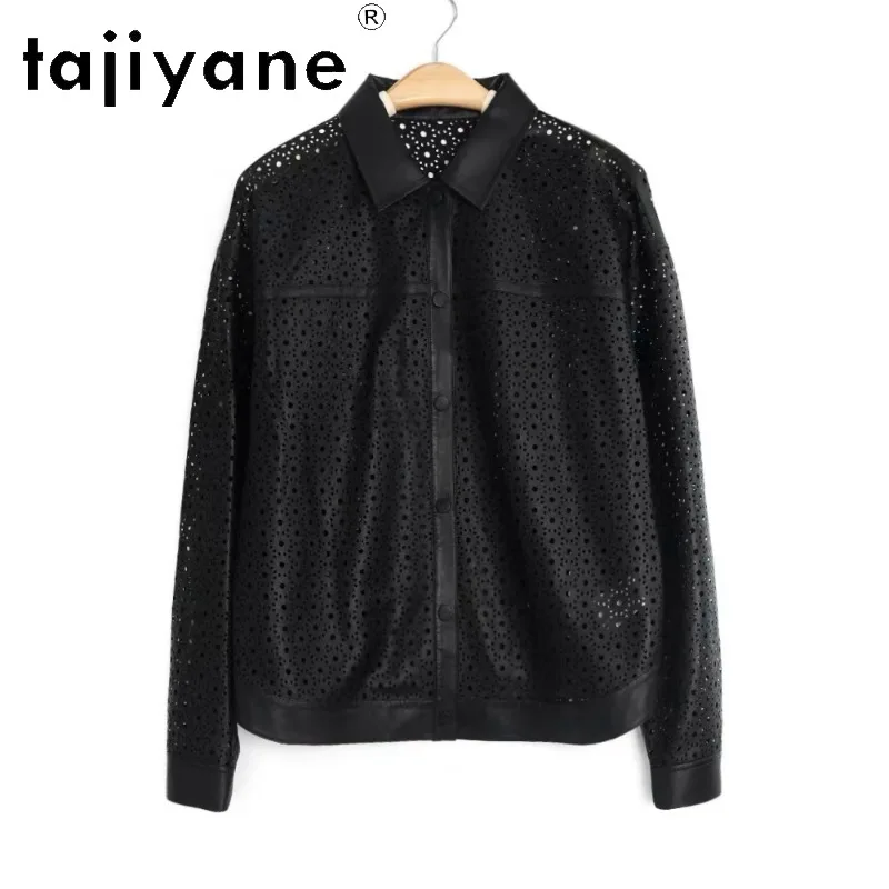TAJIYANE Sheepskin Vintage Genuine Leather Jacket Women Hollow Out Shirt Jackets Leather Coat Early Autumn Outerwear Chic Косуха
