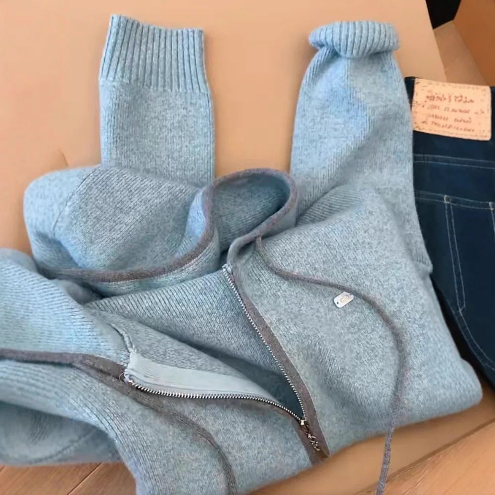 

2025 Solid Color Light Luxury High-end Goods Double Zipper Hooded Knitted Cardigan Jacket Women's Autumn and Winter New Loose