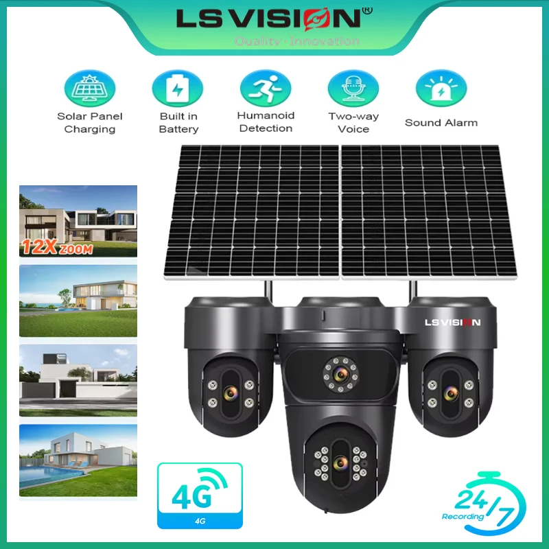 

LS VISION Уличная камера видеонаблюдения с четырьмя экранами, 4G SIM, беспроводная, с автоматическим отслеживанием человека и AI-зумом
