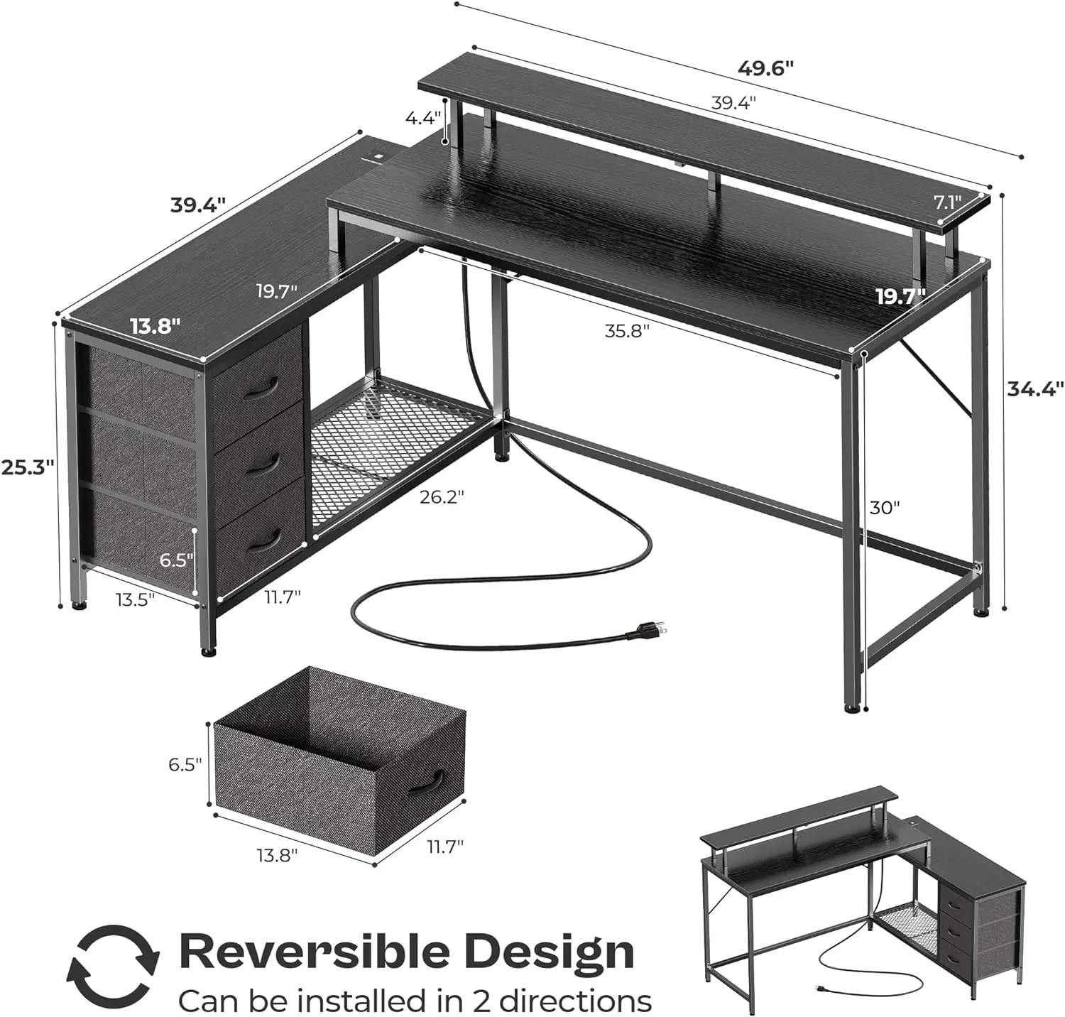 Reversible L Shaped Computer Desk with Drawers, Gaming Desk with LED Lights and Power Outlets,