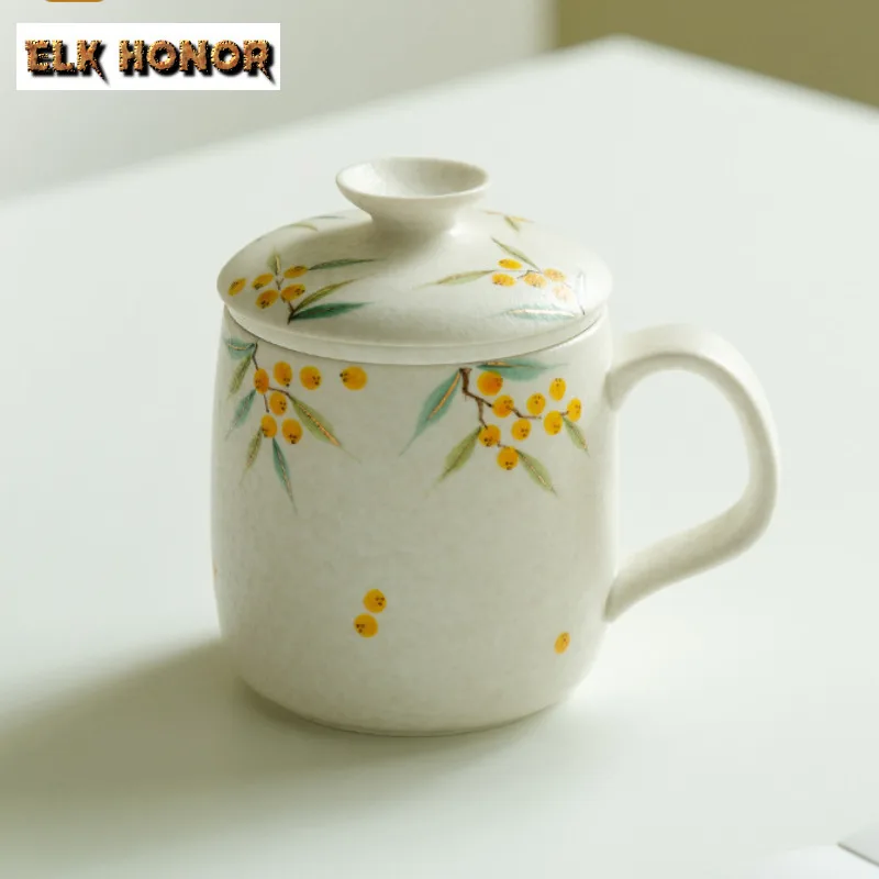 

430ml Hand-painted Loquat Filter Tea Separator Cup Luxury Tea Mug With Infuser Household Tea Making Office Water Cup Tea Items