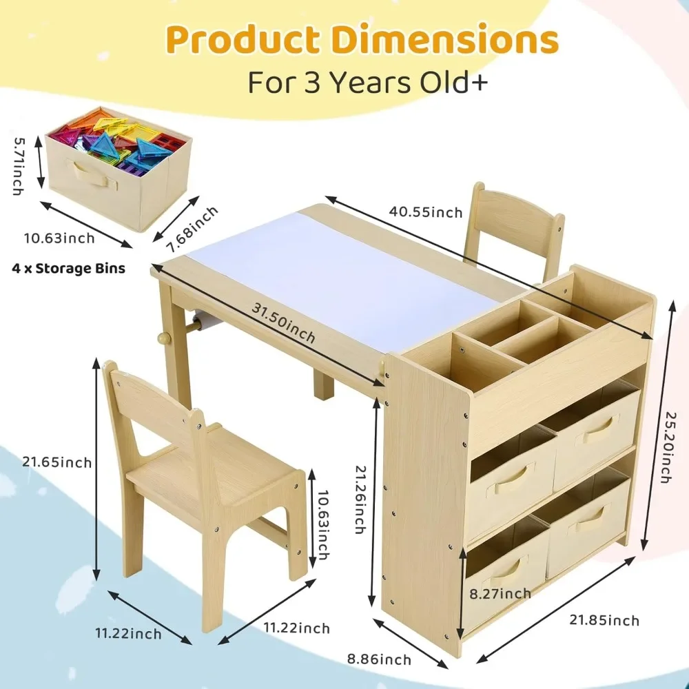 Kids Art Table and 2 Chairs, Toddler Craft Drawing Desk with Large Storage Shelves, 4 Storage Bins and Paper Roll