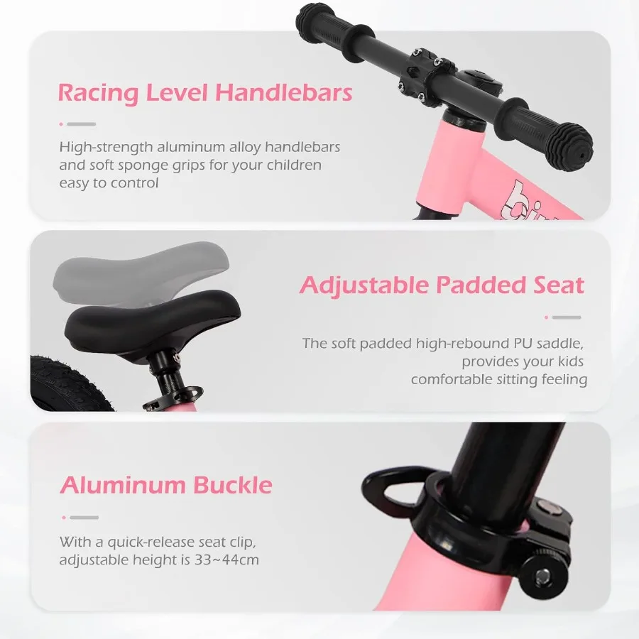 12インチバランスバイク、2歳、3歳、4歳、5歳の男の子と女の子向け、軽量ナイロンフレーム、幼児用トレーニングバイク、ペダルなし、調整可能