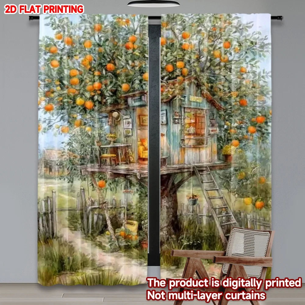 

2D плоская цифровая печать, 2 шт., шторы для окон, оранжевые, с принтом «Домик на дереве», из полиэстера, праздничные украшения