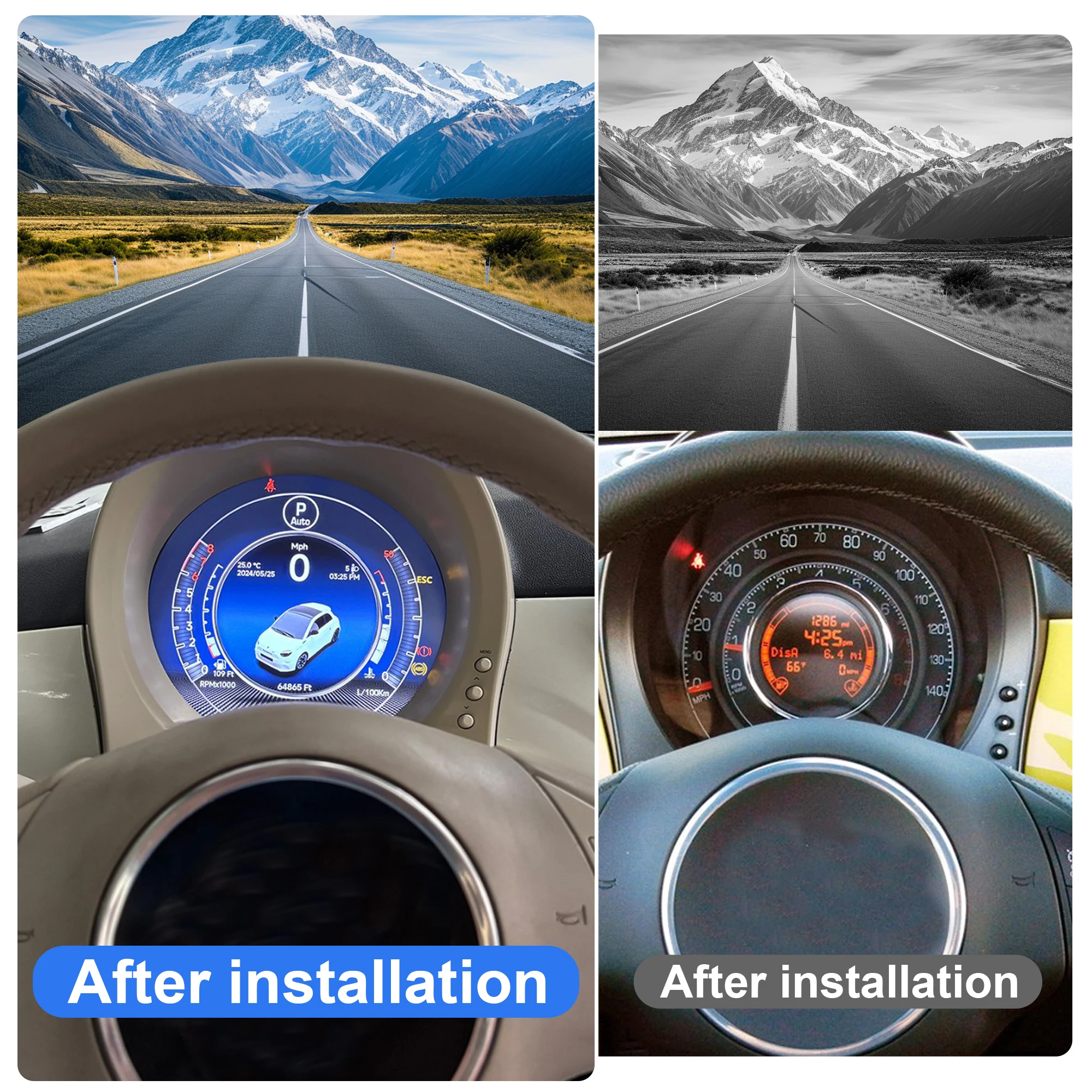 7” LCD Digital Instrument Cluster for Fiat 500 2007–2024, Speedometer & Tachometer Display, Wireless Apple CarPlay