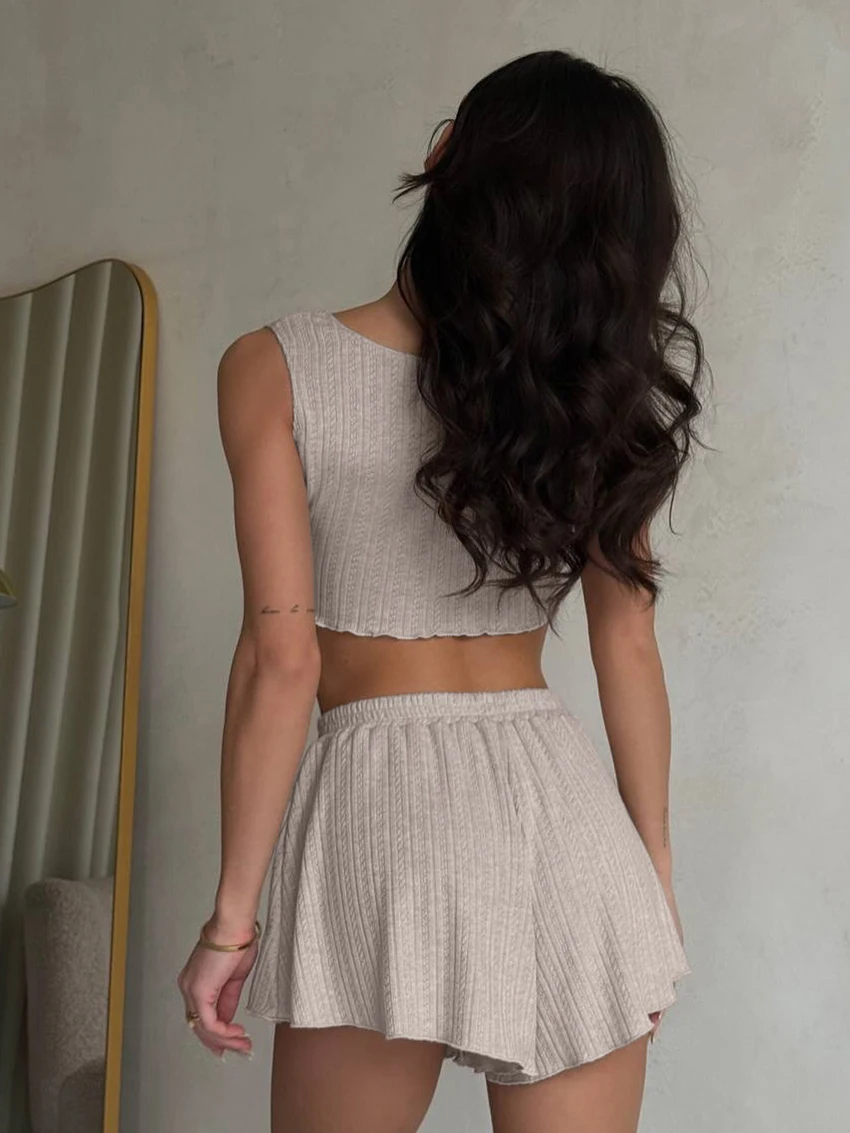 Marthaqiqi Knitted Ladies Sleepwear Set Tank Tops Nightgowns O-Neck Pajamas Crop Top Nightwear Shorts Casual Home Clothes Female