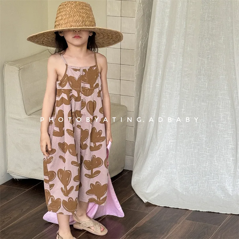 

Girl Overall Children Wear Girls Korean Style Summer Fashion Suspender Rompers Summer Jumpsuit Wide Leg 7 Points Pants