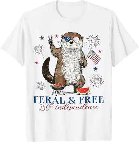 250. Unabhängigkeitstag 4. Juli T-Shirt mit Wildem und Freiem Otter, Rot-Weißes und Wildes Waschbär-Shirt für den 4. Juli, Stolzes USA-Tee-Shirt – Detail 7
