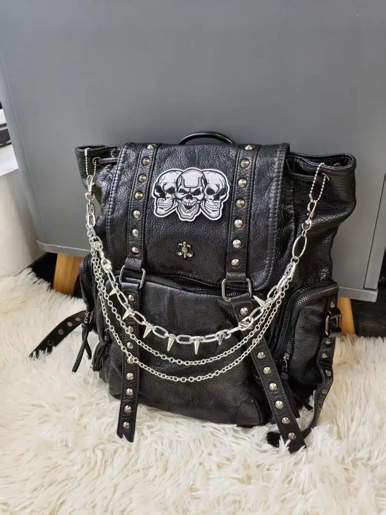 Grunge Y2K Black Faux Leather Backpack Skull Patch Spike Chain Metal Studded Straps Unisex Daily Backpack
