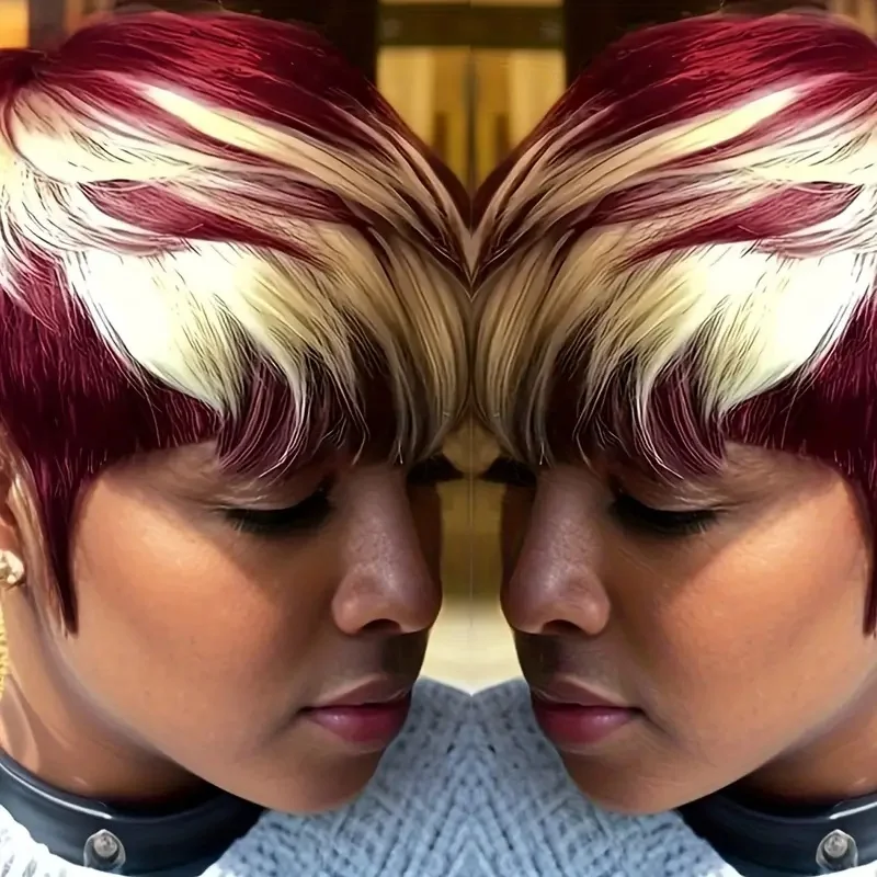 인간의 머리 가발 픽시 컷 가발 하이라이트 짧은 가발 앞머리 인간의 머리 기계로 만든 가발 여성용