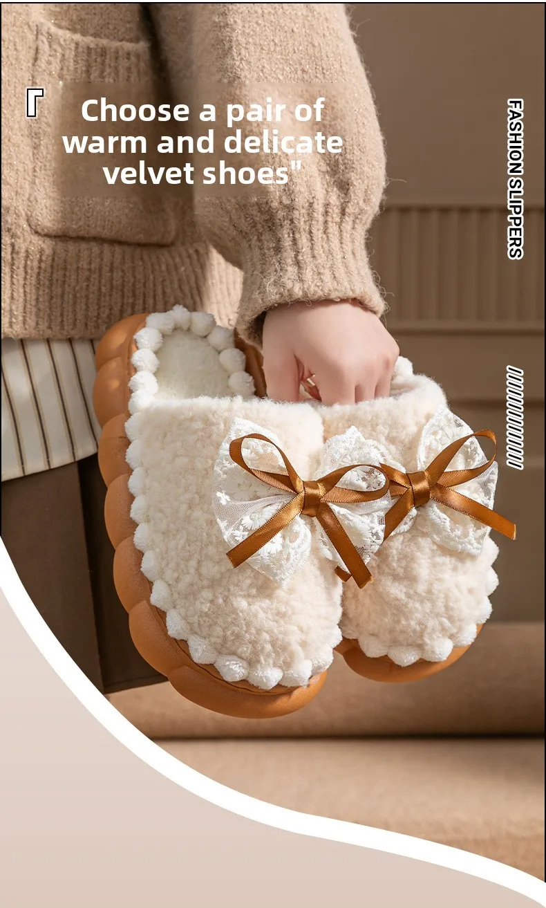 Bow 2026 Neue Baumwoll-Hausschuhe für Damen, Winter-Innenschuhe mit Weicher Sohle, Rutschfest, Warm, Plüsch, Dickbesohlte Entbindungsschuhe – Detail 3