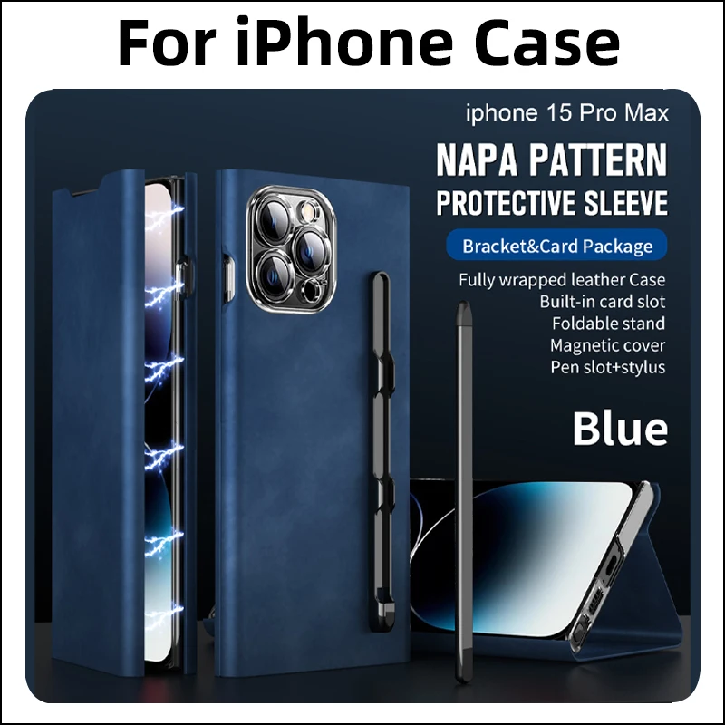 For iPhone 13 14 15 Pro Max Plus Case Magnetic PU Flip Leather Case With Pen Holder + Stylus Luxury Stand Cover Coque Slots Blue