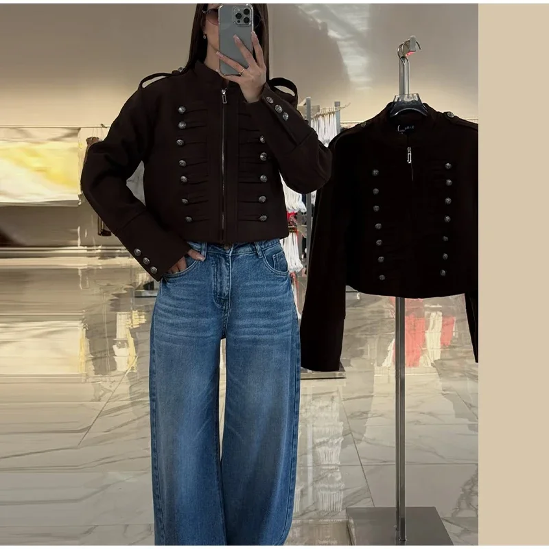 Napoleon Militär-Kurzjacke für Damen, Mehrfarbige Metall-Longsleeve-Jacken, Vintage-Oberbekleidung, Lässiger Schlanker Kurzmantel – Detail 23
