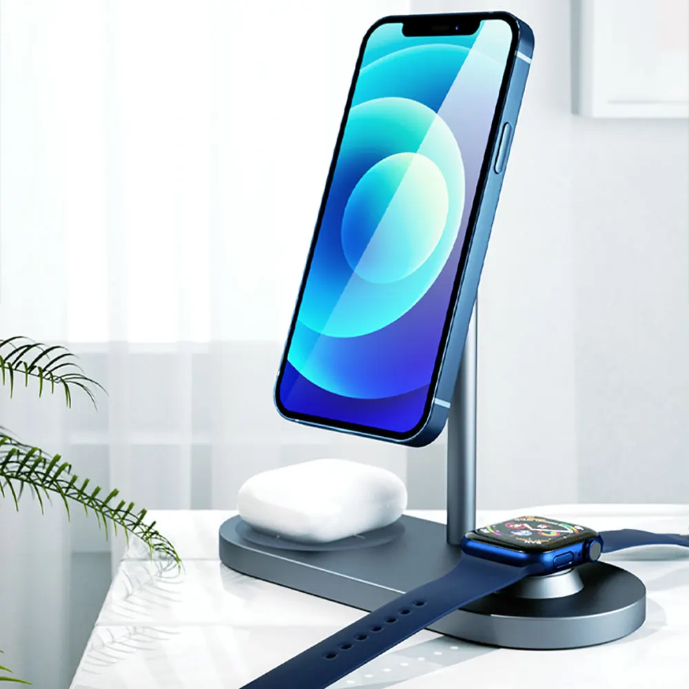 

WiWU 3 in 1 Mobile Phone Holder Wireless Charging for iPhone 14 13 12 Flexible Stand for Apple Watch Fast Charge for Airpods