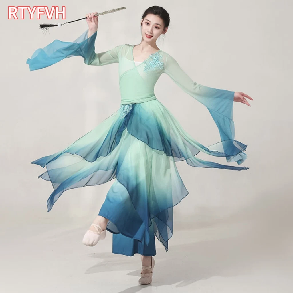 Classical dancer performance costumes women practice dance clothes butterfly shape Chinese style folk dance pink&green dress