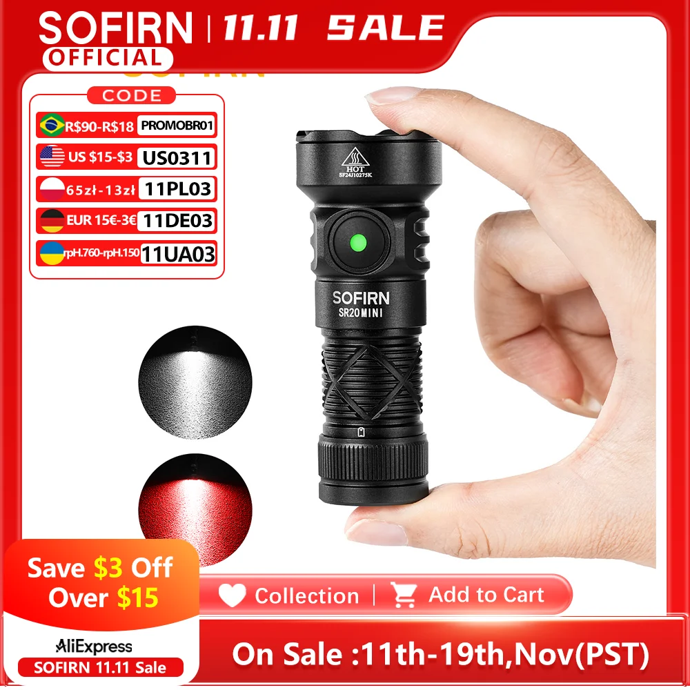 

Sofirn SR20 MINI 18350 USB C Rechargeable Flashlight 1200lm Powerful EDC Torch CSP2323 LED Light 5700K White and Red Light