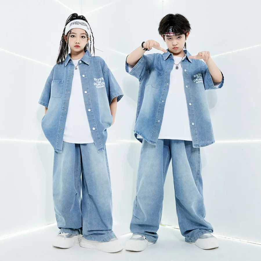 Детская танцевальная одежда в стиле хип-хоп — комплект джинсовой куртки и джинсов, уличная одежда для джаза для мальчиков и девочек, костюм для выступлений для шоу-вечеринки 4–18 лет