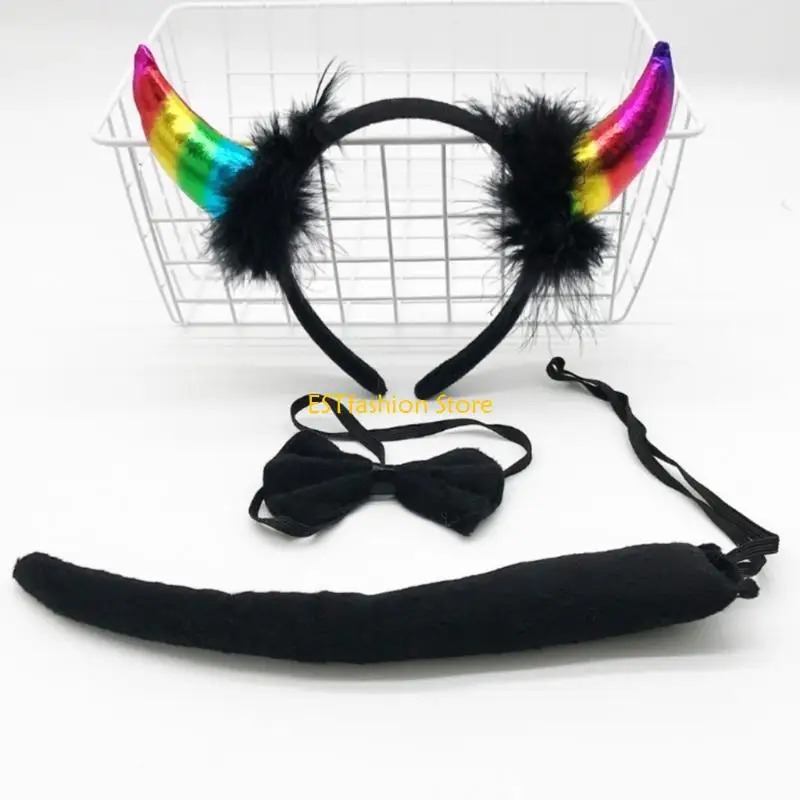 Y5GC Devil Costume Kits Halloween Party Prop Devil Ears Headband Bow Tie Tail Set Cosplays Performances Prop for Women Kids