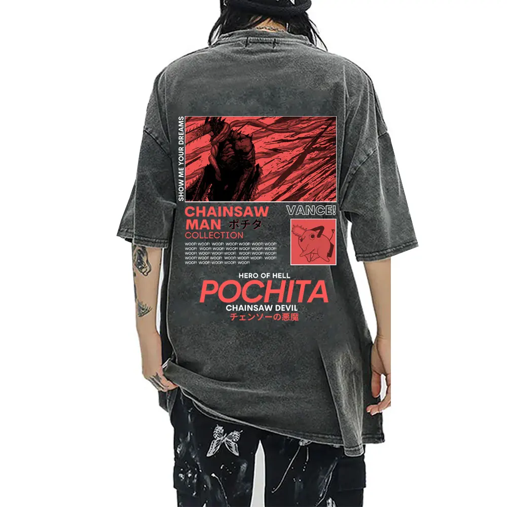 

Anime Chainsaw Man Vintage Washed T Shirts Denji Pochita T-shirt Men Women Manga Fashion Oversized T-shirts Streetwear Fans Gift