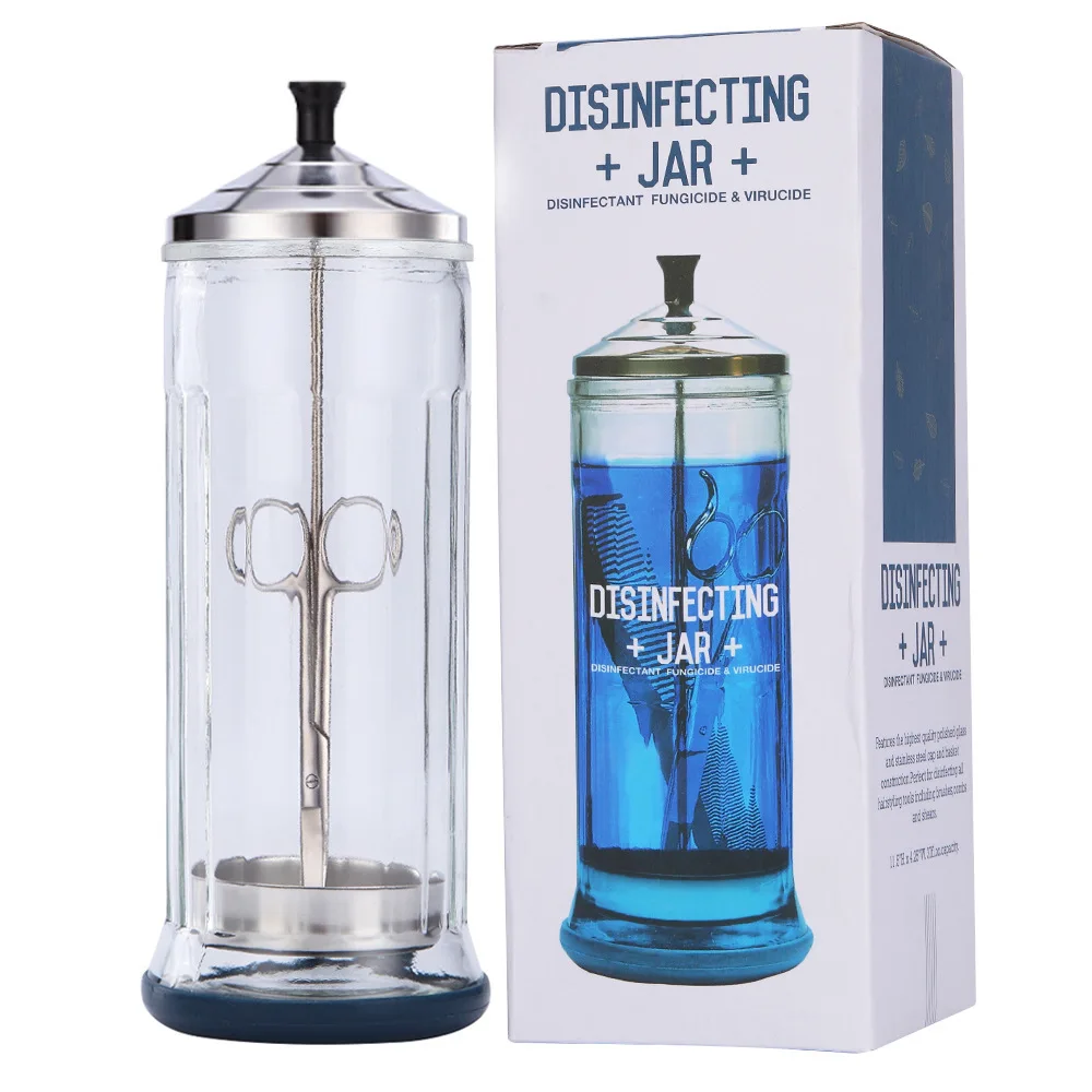 Fashion Hair Salon Hair Tool Bottle Glass Transparent Glass Bottle Salon Decoration Stainless Steel Cap Bottle Scissors Tool