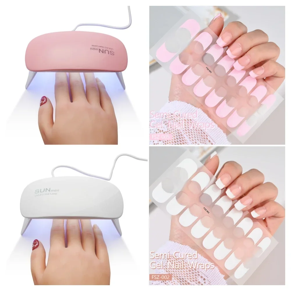 16Strips French UV Semi-Cured Gel Nail Wraps Sticker Full Cover Long Lasting LED Lamp Gel Cured Slider Decals For Nail Extension